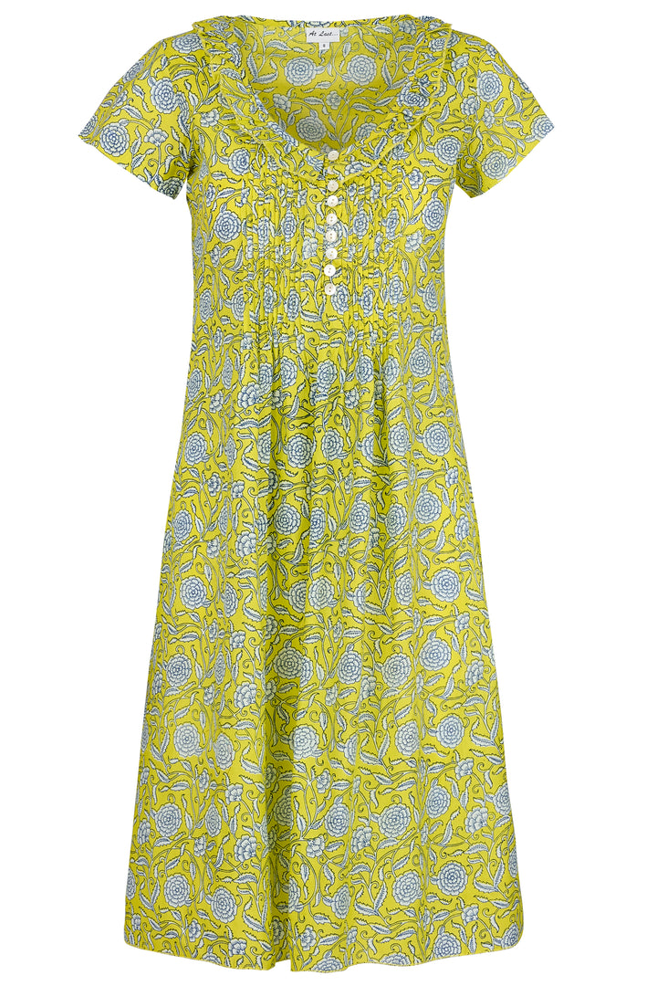 Cotton Karen Short Sleeve Day Dress in Canary Yellow with White & Navy Flower