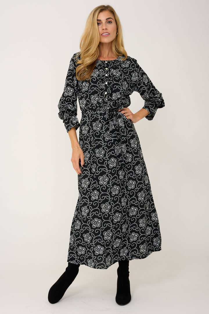 Meg Midi Dress in Black & White Floral