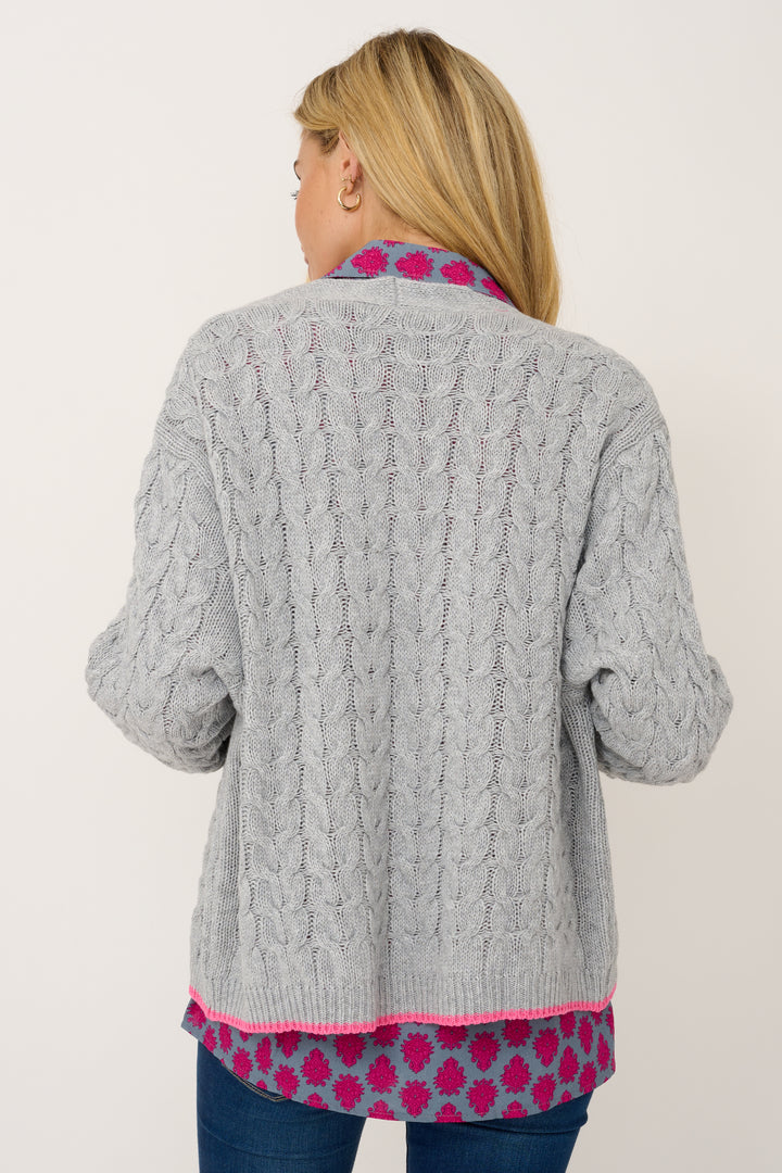 Cashmere Mix Double Ply Cable Knitted Cardigan Grey