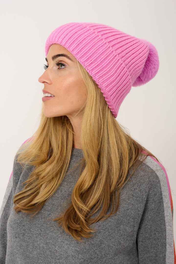 Super Soft Chunky Cashmere Mix Hat with Pom Pom in Bubblegum Pink