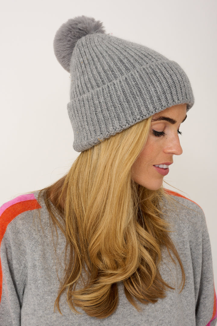 Super Soft Chunky Cashmere Mix Hat with Pom Pom in Light Grey
