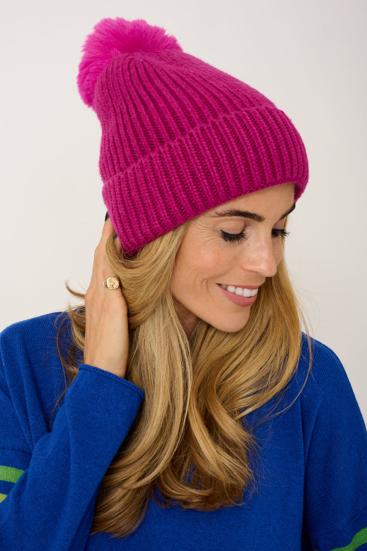 Super Soft Chunky Cashmere Mix Hat with Pom Pom in Fuchsia