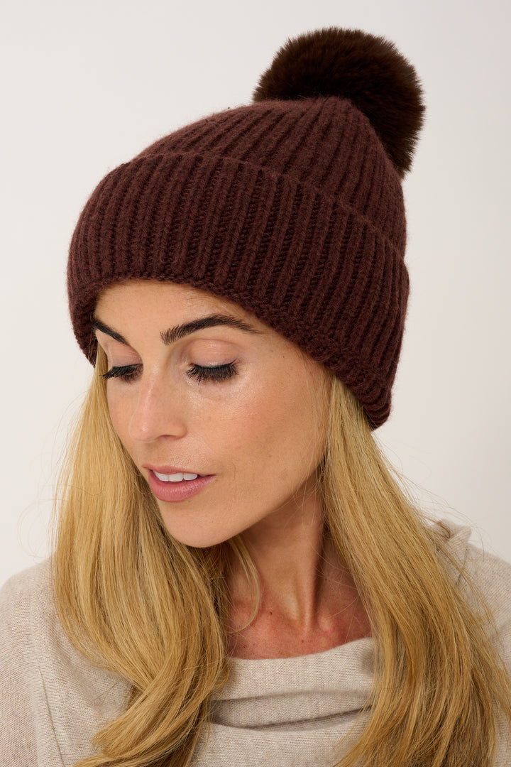Super Soft Chunky Cashmere Mix Hat with Pom Pom in Chocolate Brown