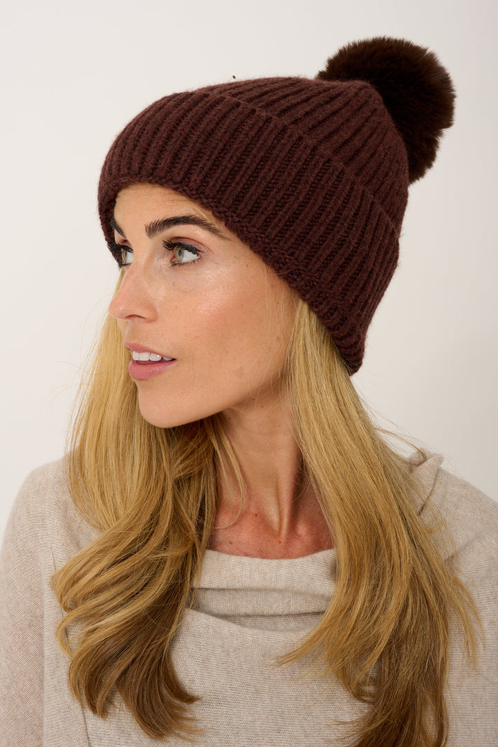 Super Soft Chunky Cashmere Mix Hat with Pom Pom in Chocolate Brown