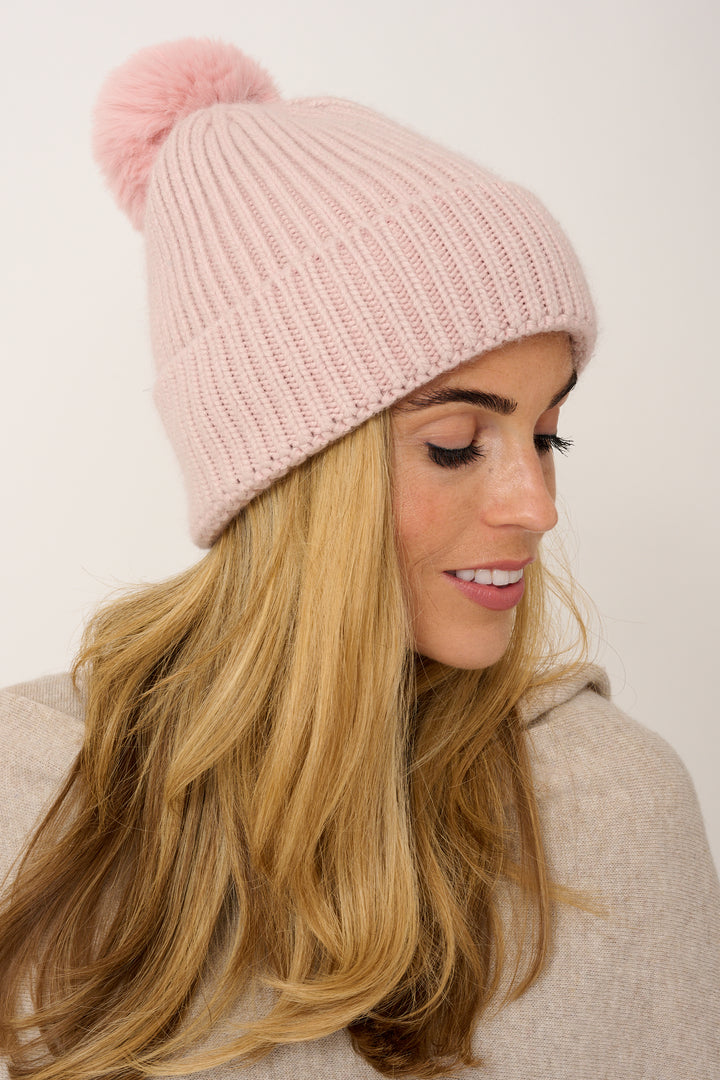 Super Soft Chunky Cashmere Mix Hat with Pom Pom in Baby Pink