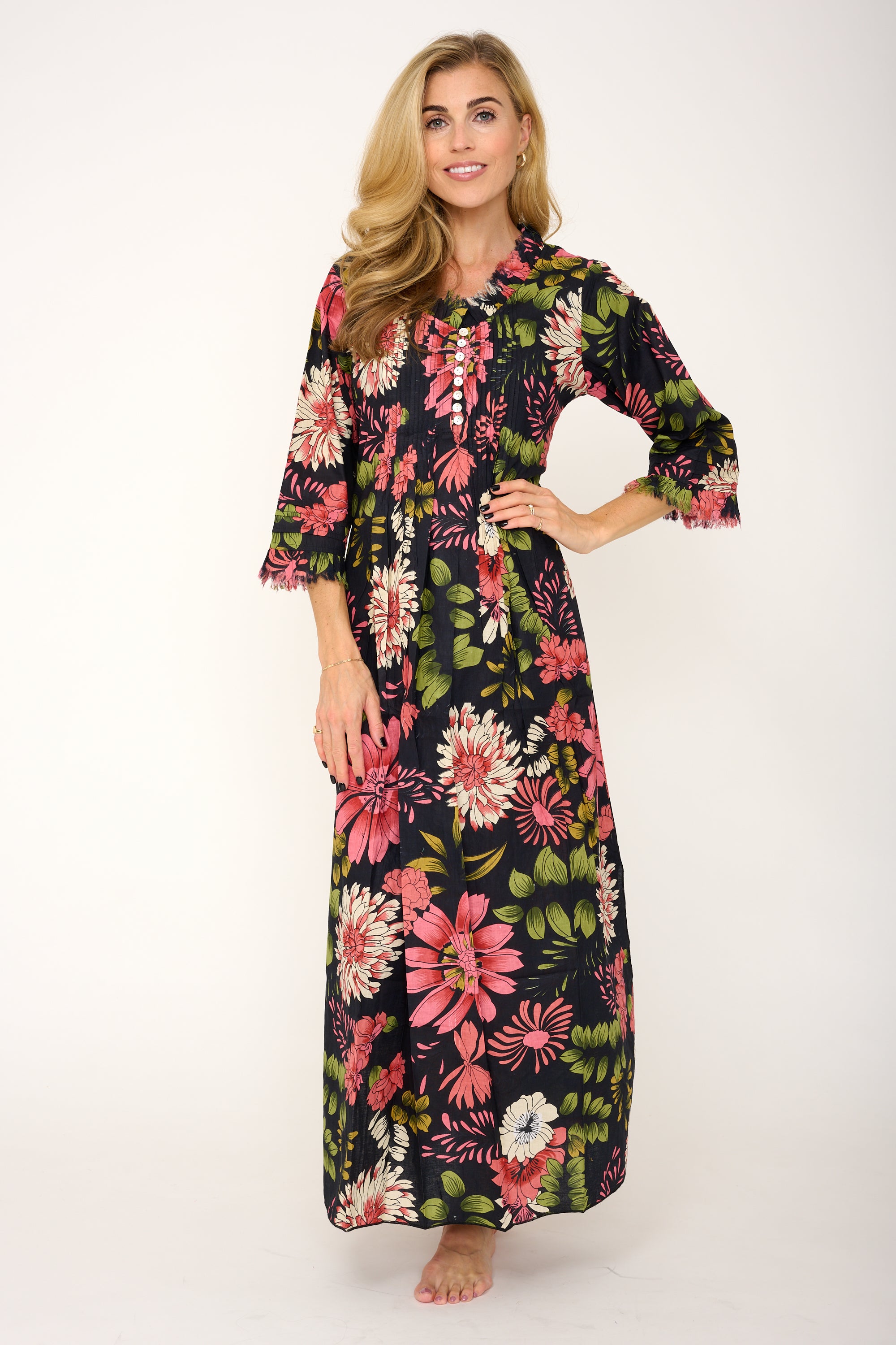 Black floral long sleeve maxi dress best sale