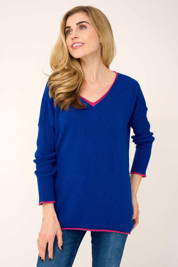 Cashmere Mix Sweater in Royal Blue with Hot Pink V-Neck