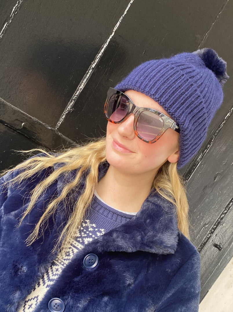 Super Soft Chunky Cashmere Mix Hat with Pom Pom in Navy