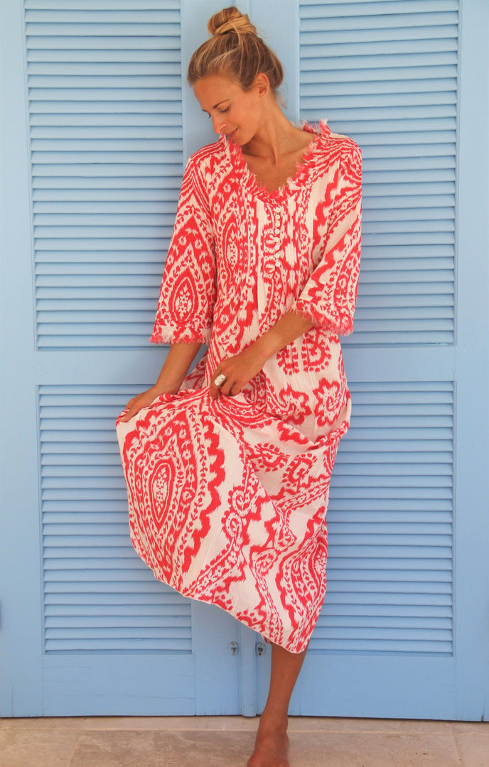 Cotton Annabel Maxi Dress in Coral & White Ikat