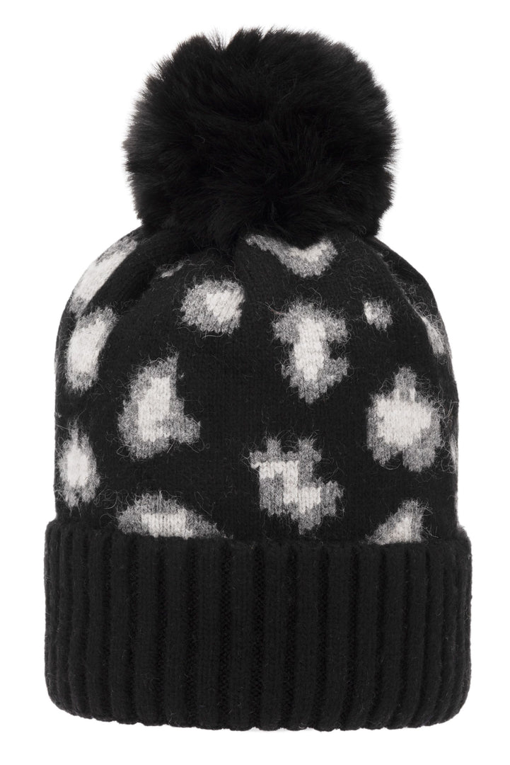 Super Soft Chunky Cashmere Hat with Pom Pom in Black Leopard