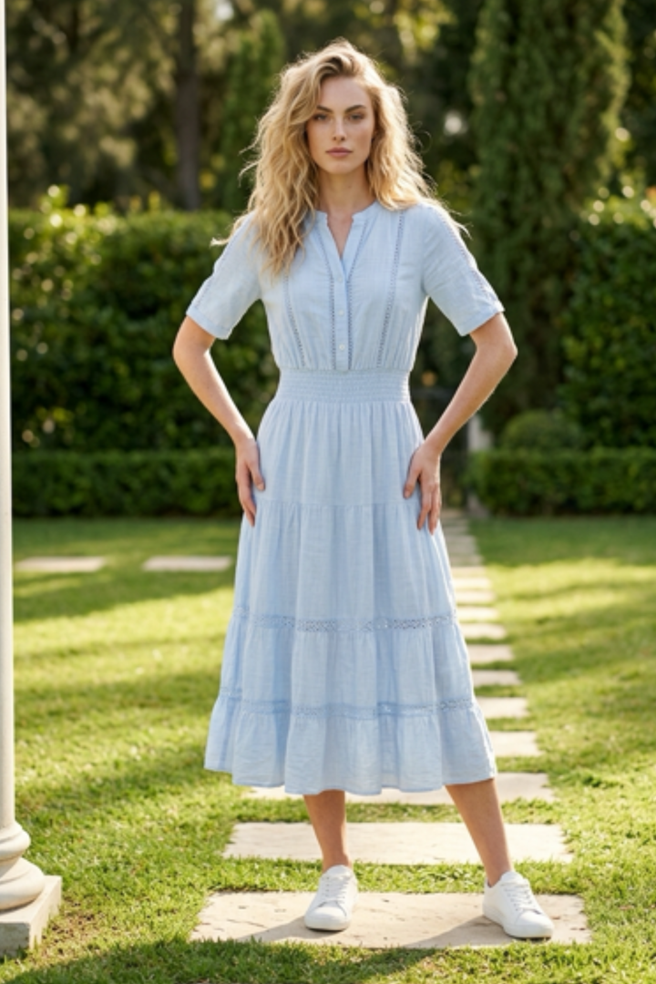 Cotton Lace Detailed Half Sleeve Dress In Baby Blue