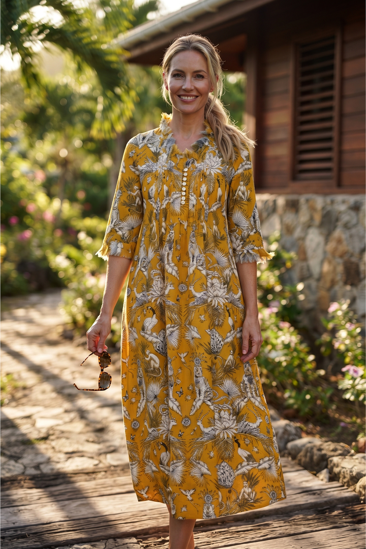 Cotton Annabel Maxi Dress in Ochre Tropical