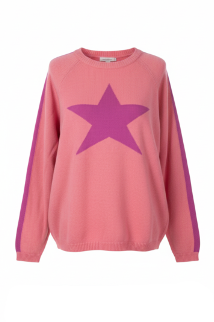 Cashmere Mix Sweater in Coral with Hot Pink Star & Armstripe