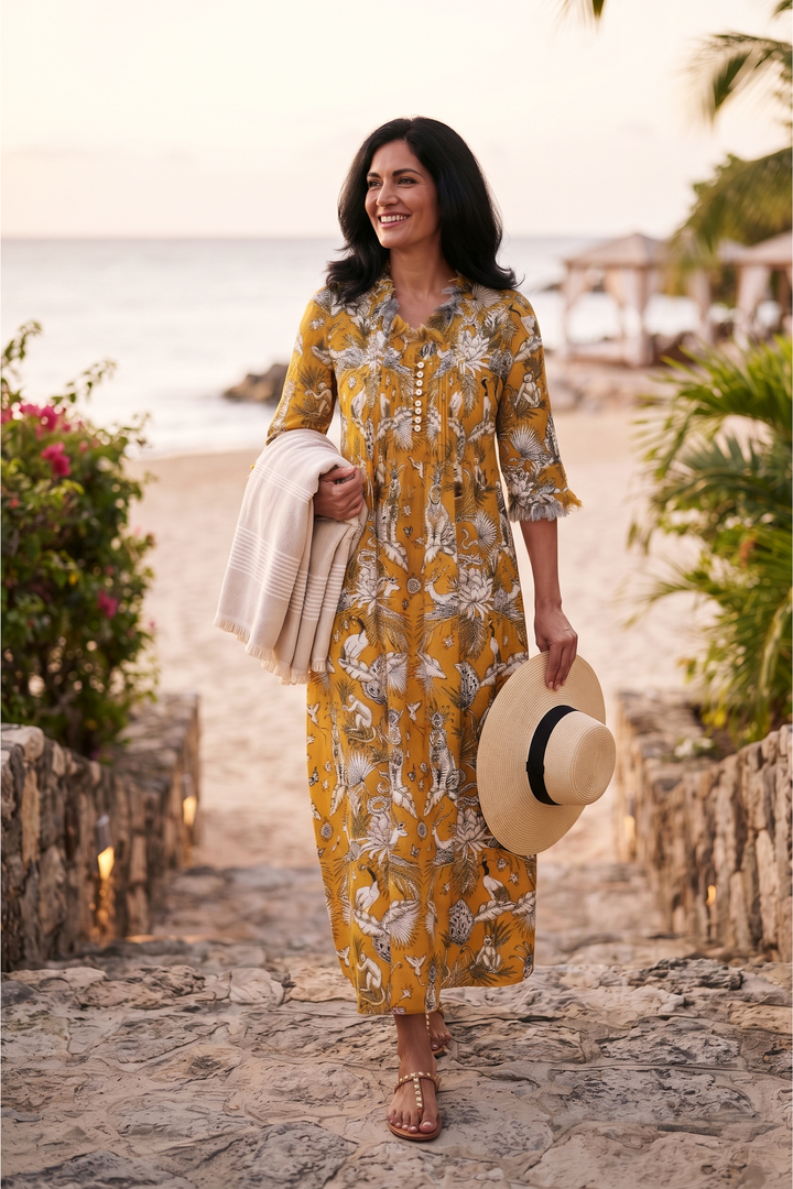 Cotton Annabel Maxi Dress in Ochre Tropical