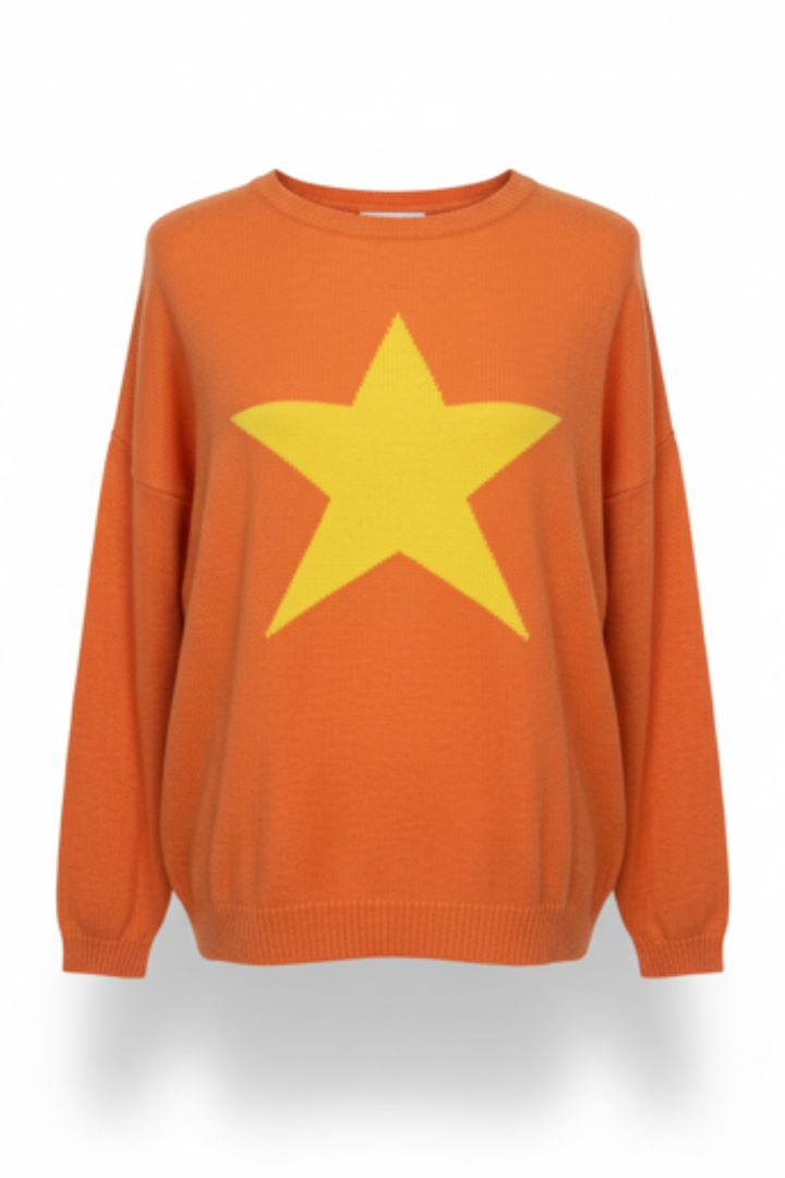 Cashmere Mix Sweater in Bright Orange with Bright Yellow Star