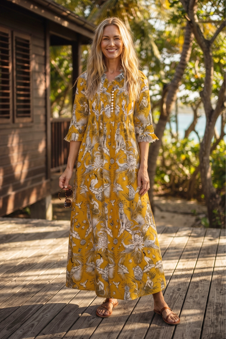 Cotton Annabel Maxi Dress in Ochre Tropical