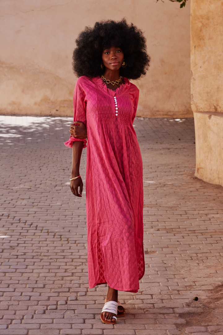 Cotton Annabel Maxi Dress in Hand Woven Hot Pink