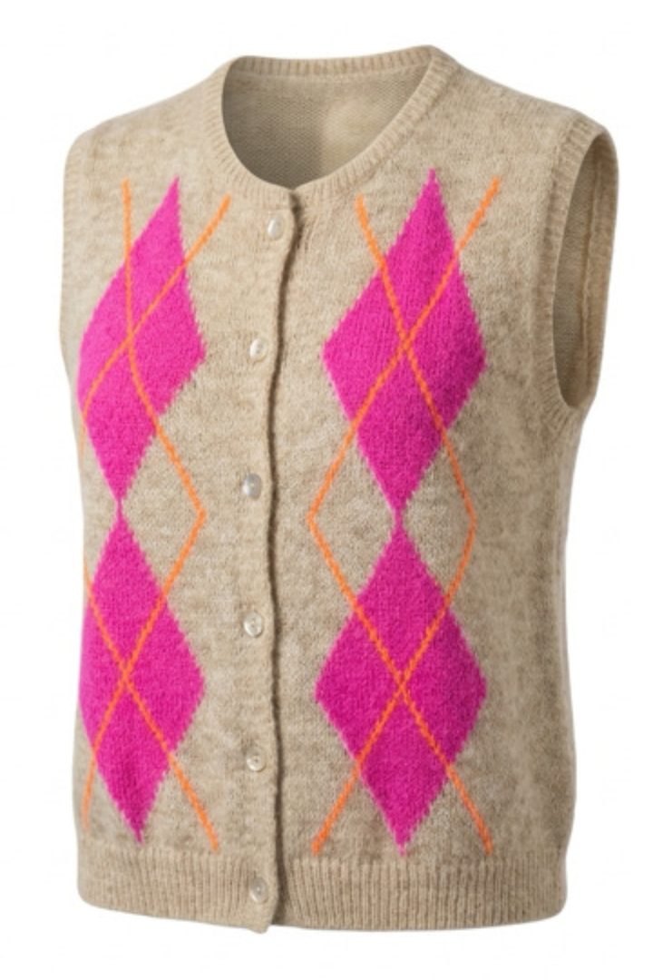 Sleeveless Cardigan in Beige & Hot Pink Argyle
