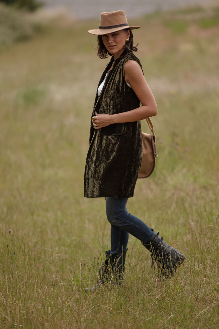 Long Silk Velvet Waistcoat In Olive Green