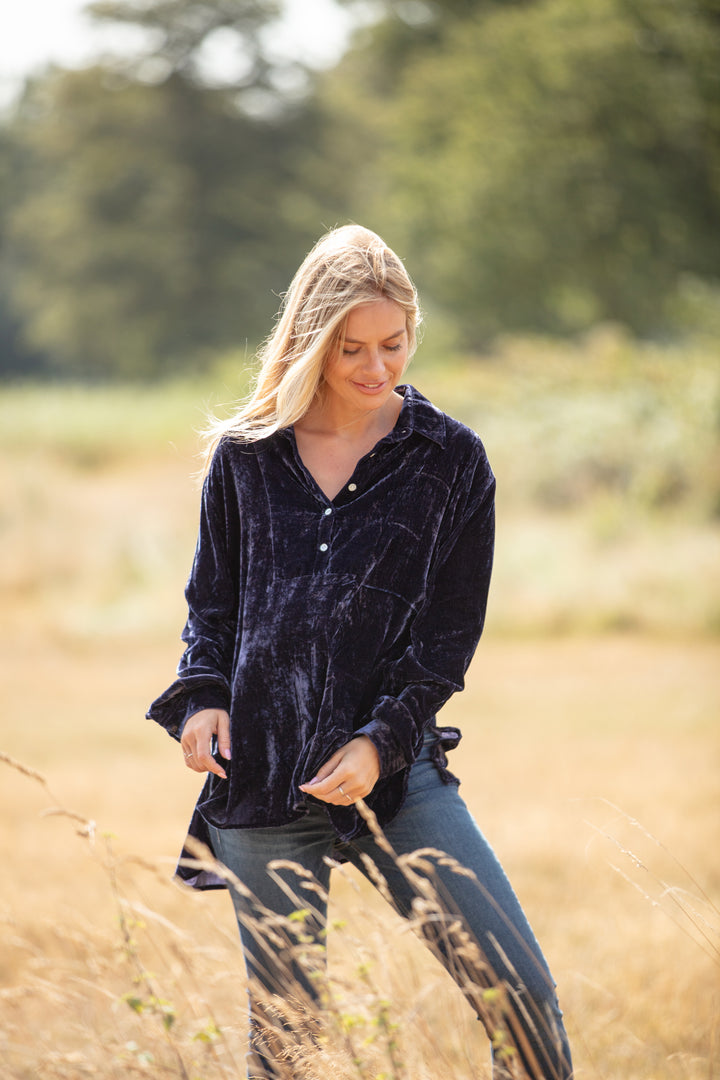 Ava Oversized Silk Velvet Shirt In Navy