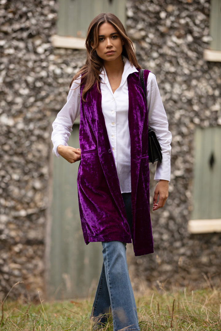 Long Silk Velvet Waistcoat In Violet