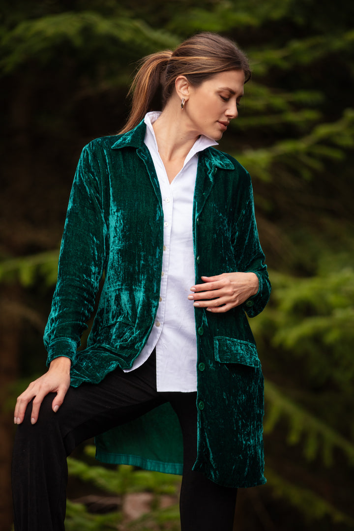 Kensington Silk Velvet Shirt/Jacket In Emerald Green