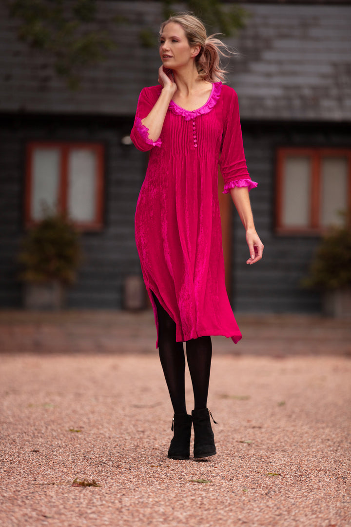 Silk Velvet Karen Dress in Hot Pink