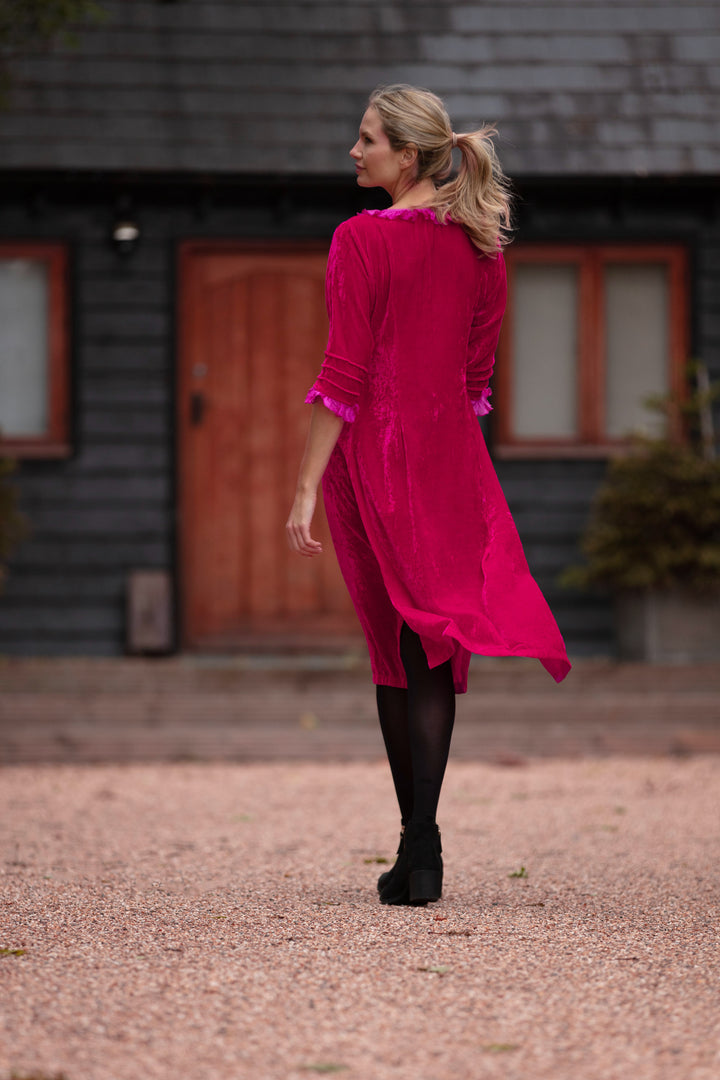 Silk Velvet Karen Dress in Hot Pink