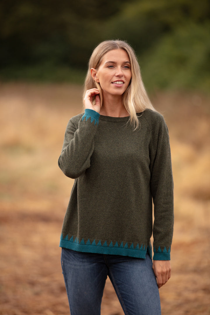 Cashmere Mix Sweater in Olive with Blue Zig Zag Hem & Cuffs