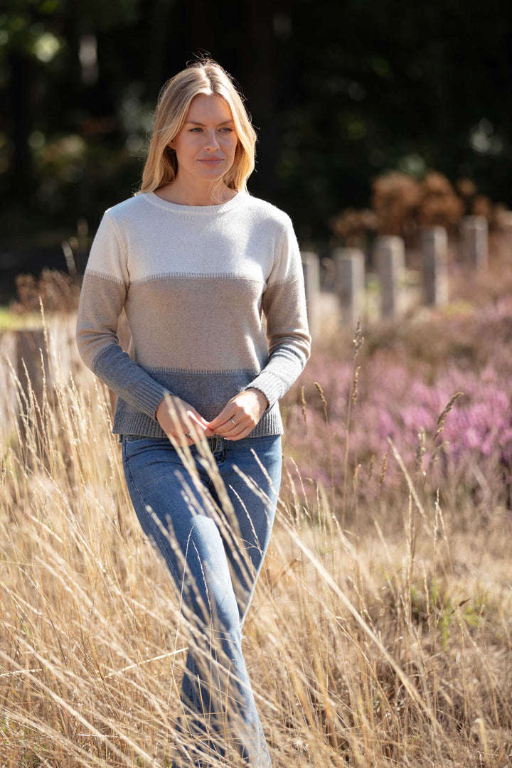 Cashmere Mix Sweater In Cream, Beige & Grey Stripe