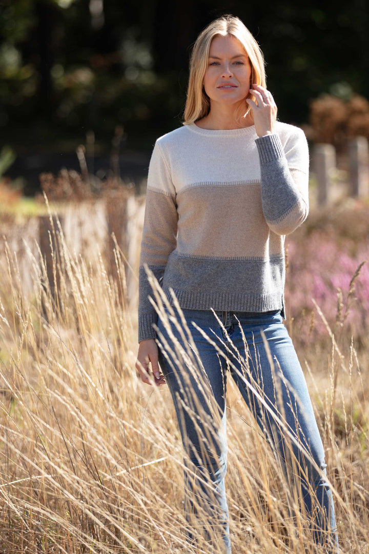 Cashmere Mix Sweater In Cream, Beige & Grey Stripe