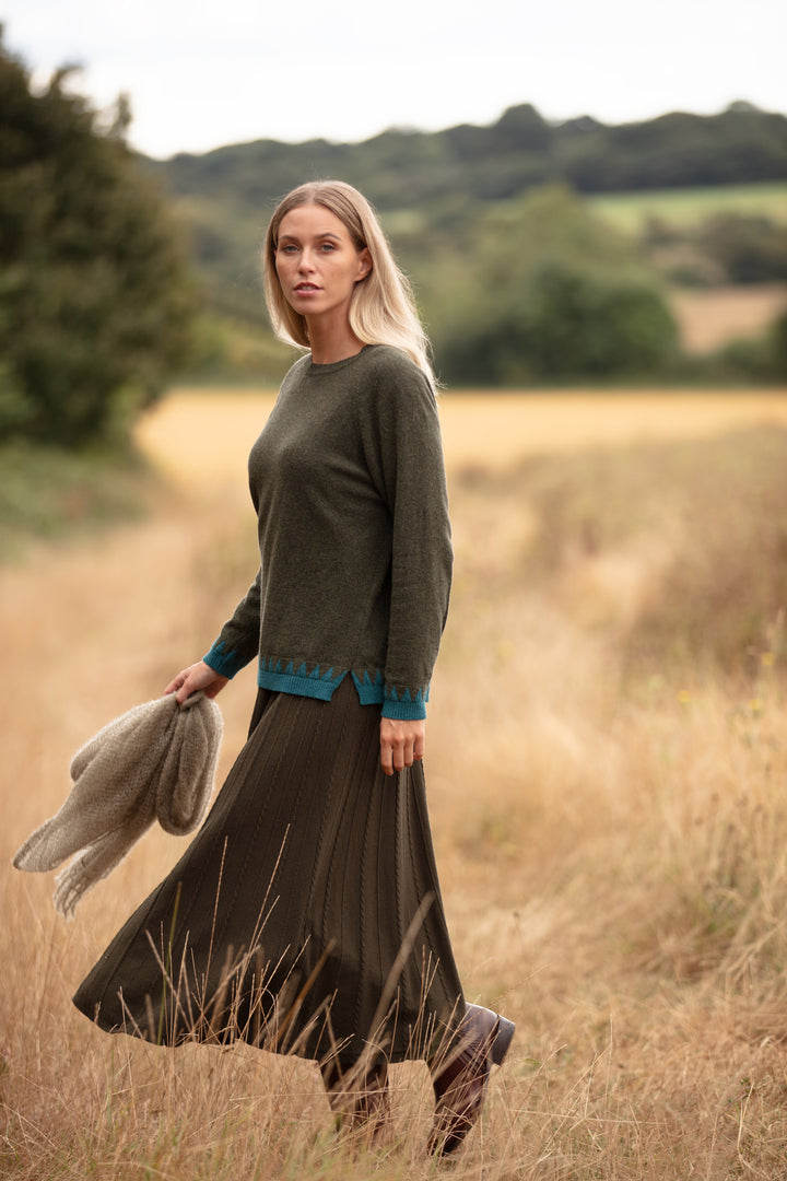 Cashmere Mix Sweater in Olive with Blue Zig Zag Hem & Cuffs