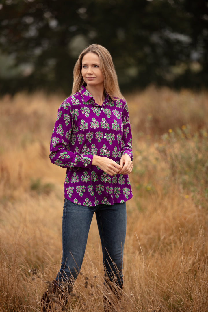 Freya Shirt In Violet & Green Thistle with Contrast Cuff