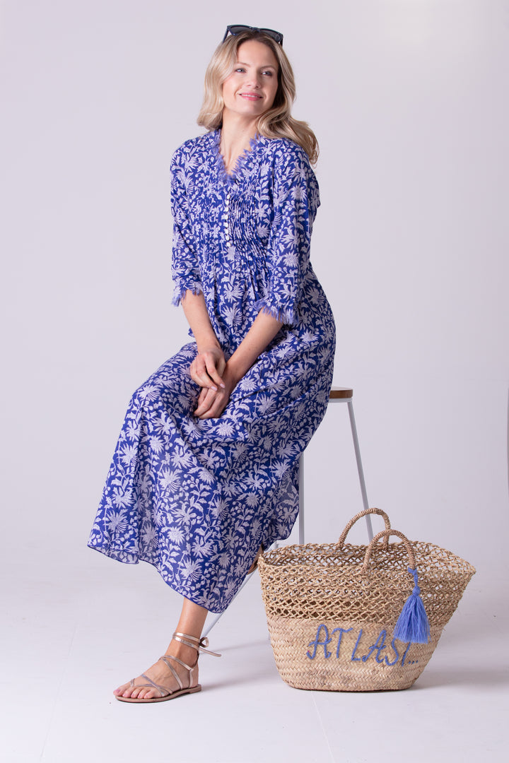 Cotton Annabel Maxi Dress in Blue with White Flower