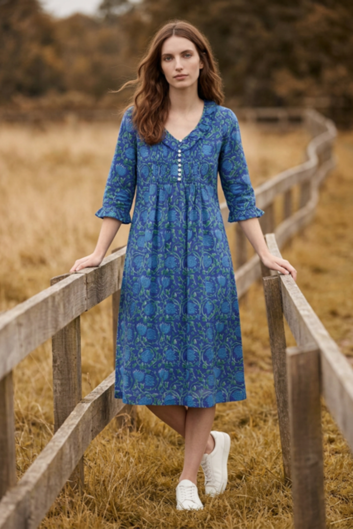 Cotton Karen 3/4 Sleeve Day Dress in Royal Blue with Blue & Green Flower