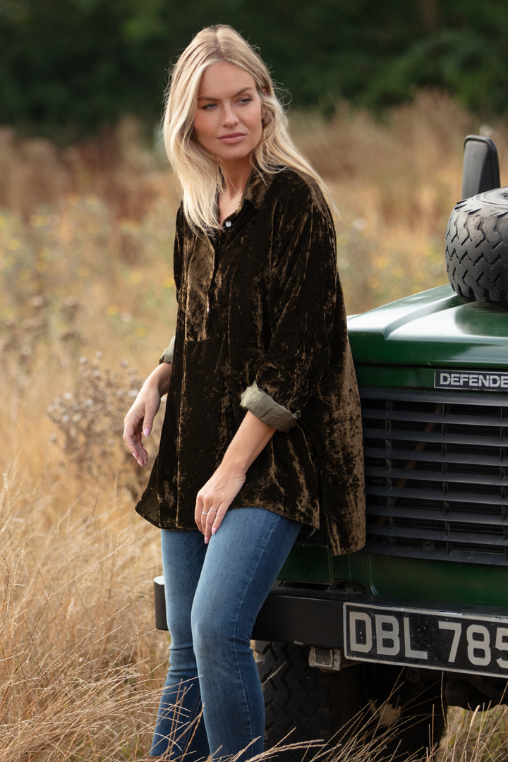 Ava Oversized Silk Velvet Shirt In Olive