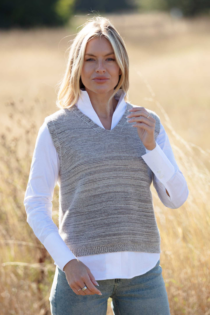 Cashmere Mix Sleeveless Jumper in Dove Grey with Baby Pink Mix