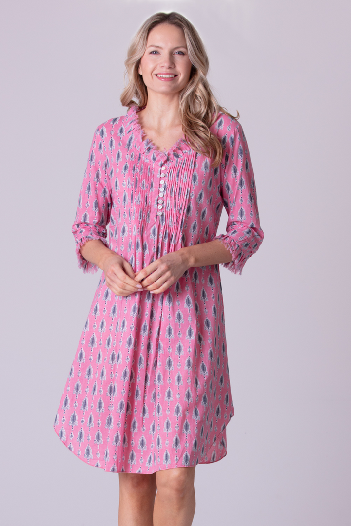 *NEW* Annabel Cotton Tunic in Raspberry Sorbet with Grey Leaf