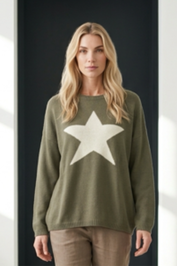 Cashmere Mix Sweater in Khaki with Lemon Star