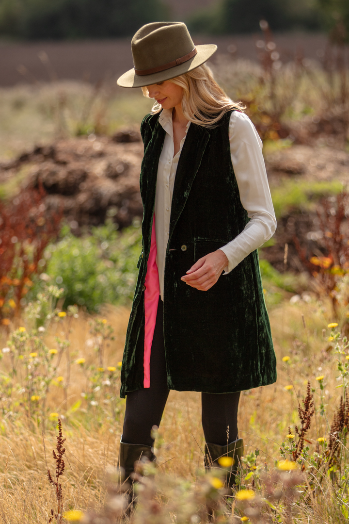 Long Silk Velvet Waistcoat In Forest Green