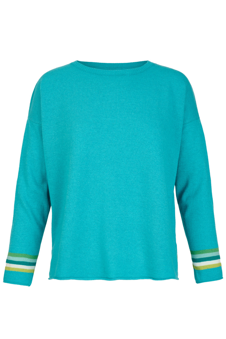 Cashmere Mix Sweater in Turquoise with Hem & Cuff Multi Stripe
