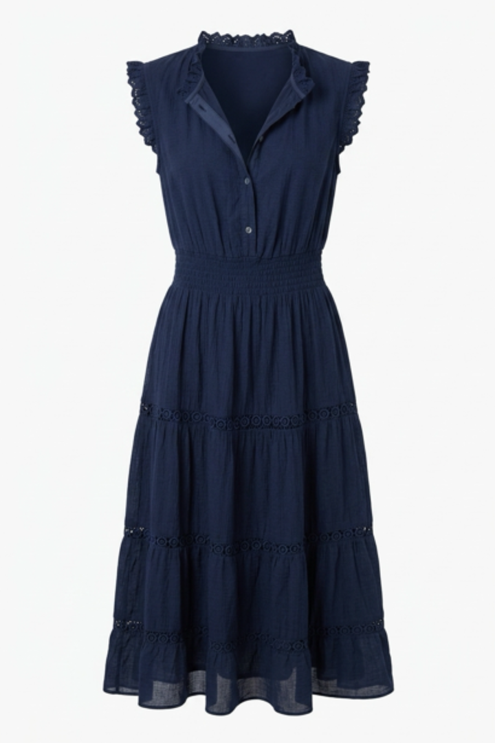 Cotton Lace Detailed Cap Sleeve Dress In Navy