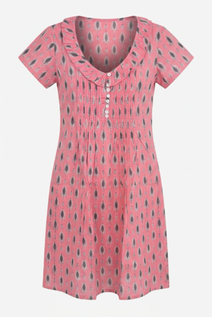 Cotton Karen Short Sleeve Day Dress in Pink with Grey Leaf