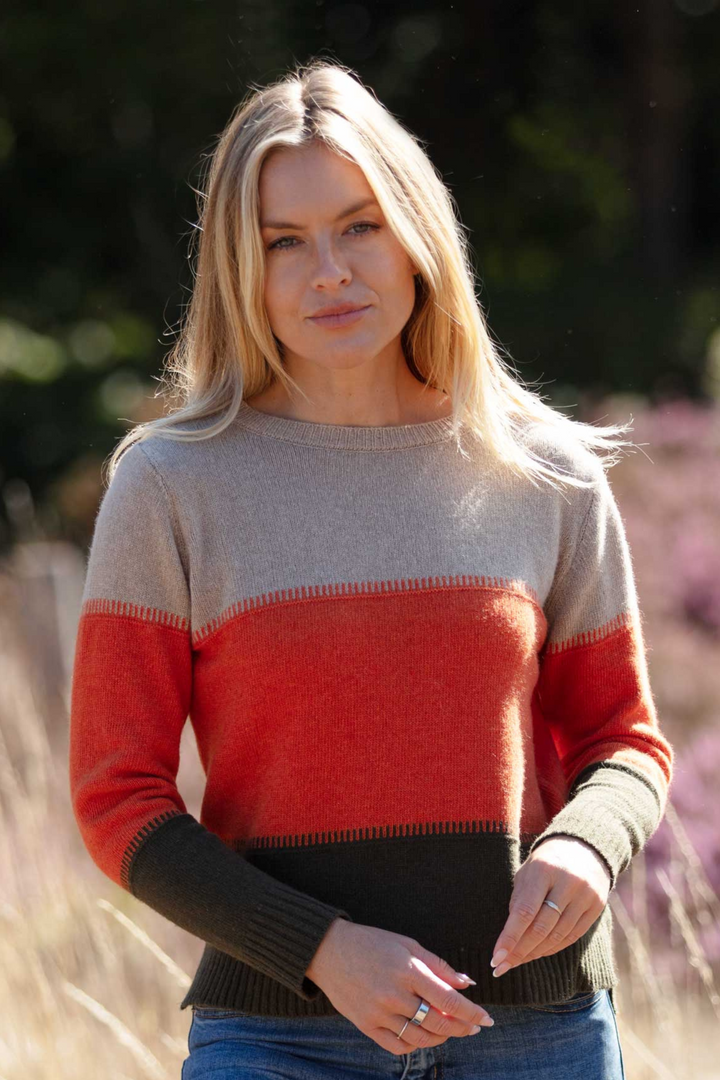 Cashmere Mix Sweater In Beige, Orange & Olive Stripe