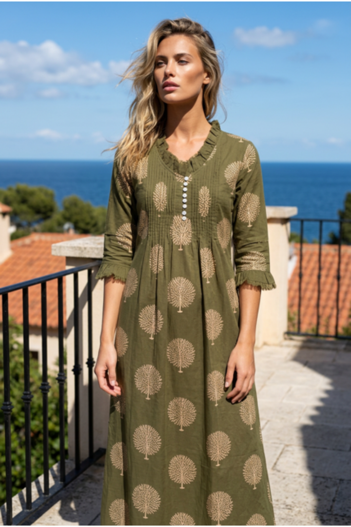 Cotton Annabel Maxi Dress in Olive & Gold