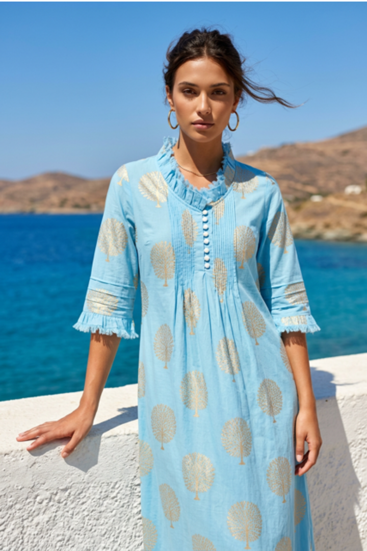 Cotton Annabel Maxi Dress in Baby Blue & Gold