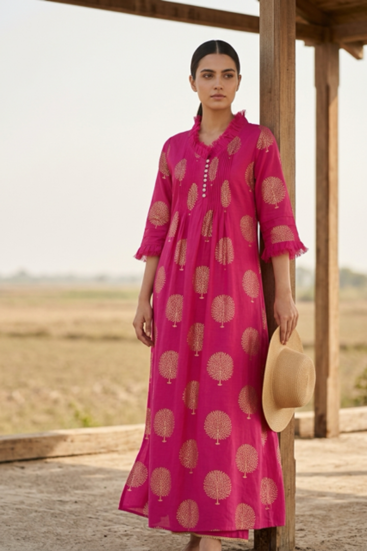 Cotton Annabel Maxi Dress in Fuschia & Gold