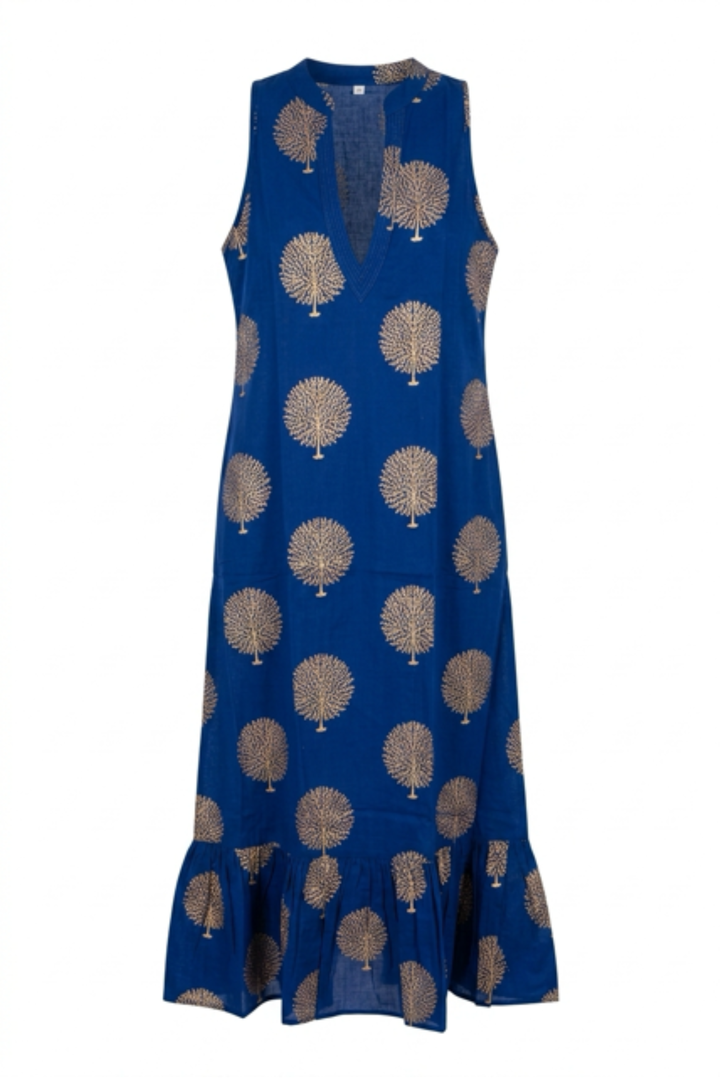 Cotton Lombock Midi Dress in Marrakesh Blue & Gold