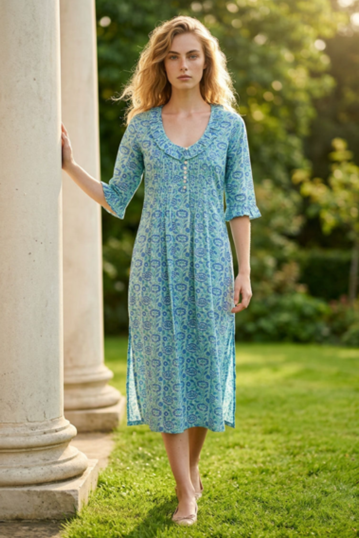 Cotton Karen 3/4 Sleeve Day Dress in Seagreen