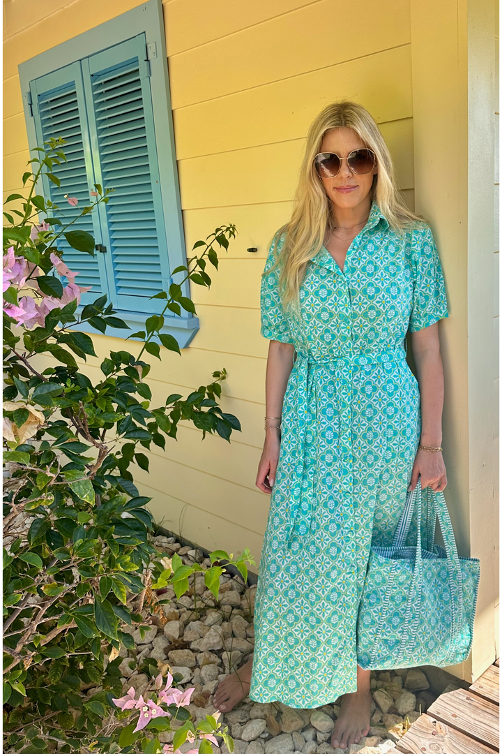 Medium Cotton Tote Bag In Turquoise & White Flower